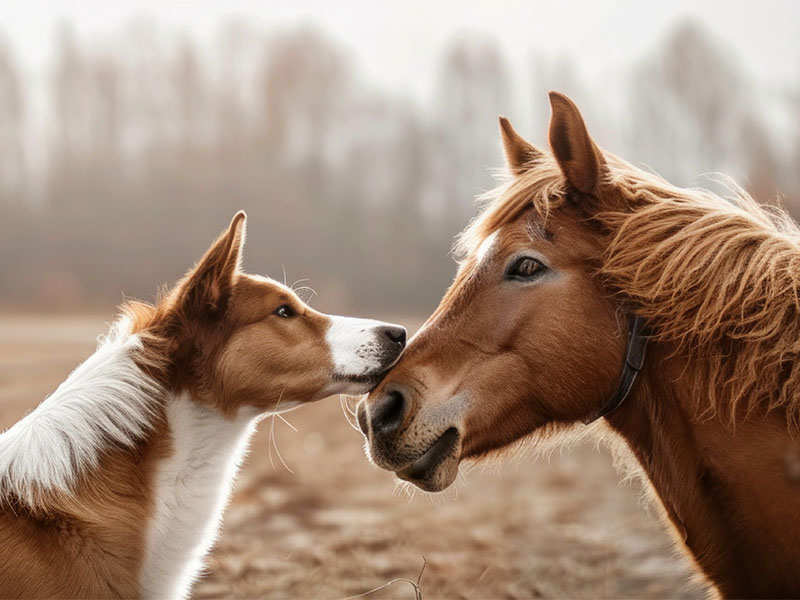 Photo showcasing the special friendship between a red border collie dog and horse